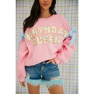 Judith March Birthday Queen Ribbon Pink Crewneck Pullover Large Floral Glam